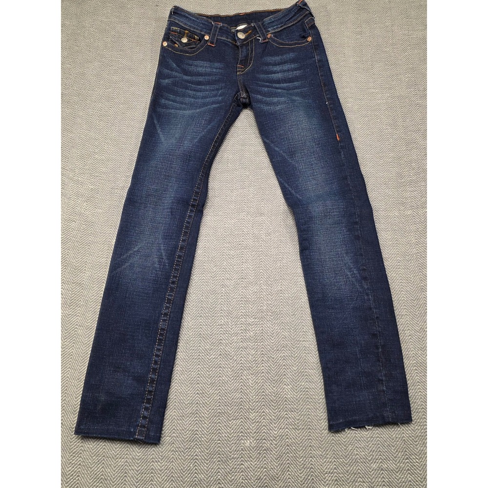 True Religion Joey Dark Wash Rainbow Big T Stitch Twisted Flare Jeans Womens 27